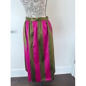 LK Bennett London Striped Midi Skirt Olive Green Fuchsia Pink Satin NWT